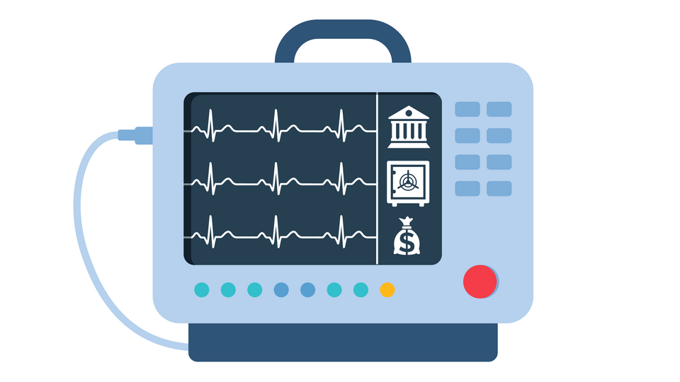 An illustration of a hospital monitor showing financial symbols